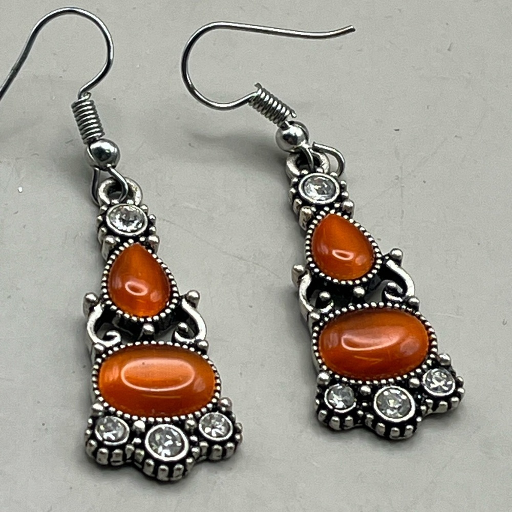 Elegant Silver Tone Orange Cabochon Dangle Earrings Rhinestone Accents